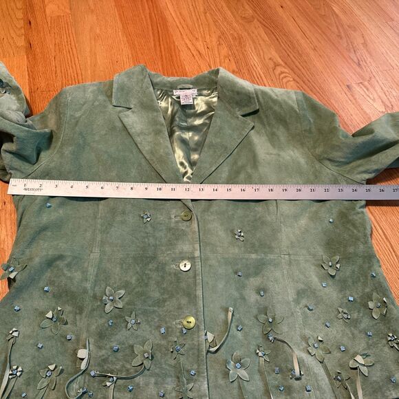 Victor Costa Sz 1X Suede Leather Green Coat Jacket Turquoise Stones FRINGE - Picture 6 of 10